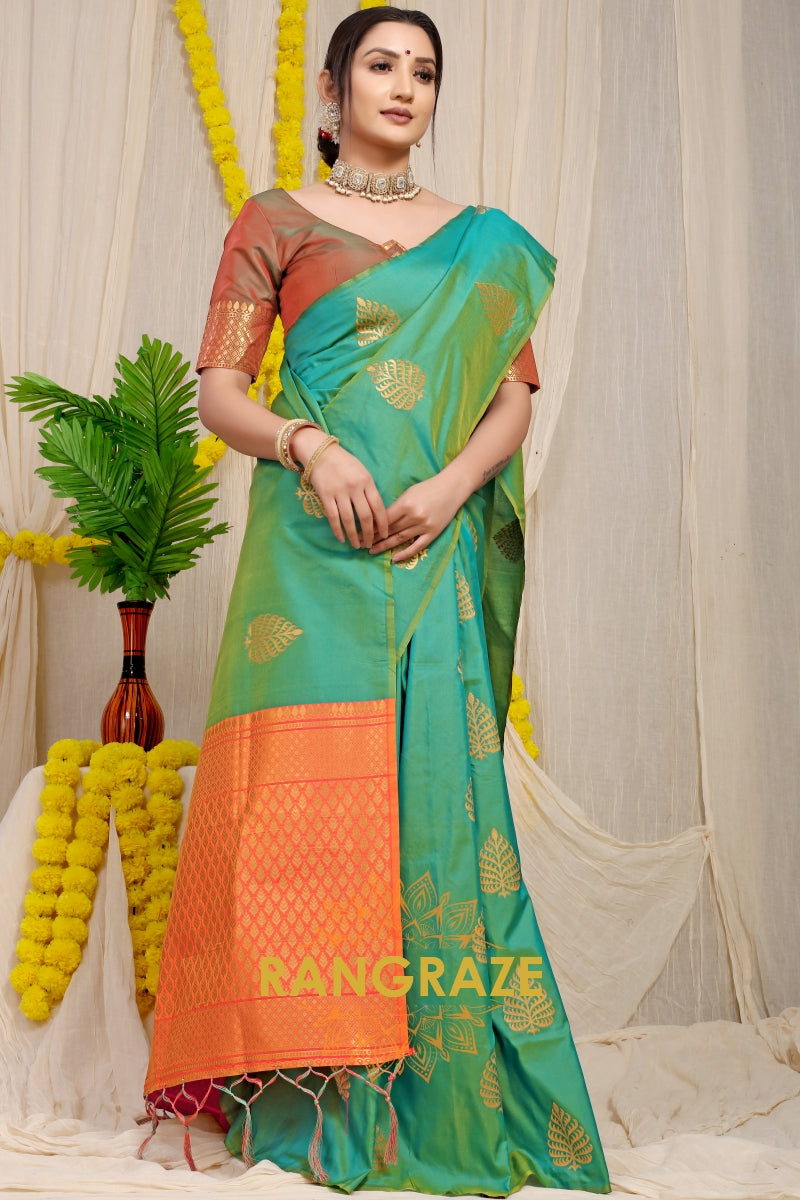 Turquoise Green Banarasi Silk Saree With Pan Design And Silver Zari Border