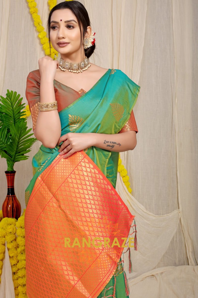 Turquoise Green Banarasi Silk Saree With Pan Design And Silver Zari Border