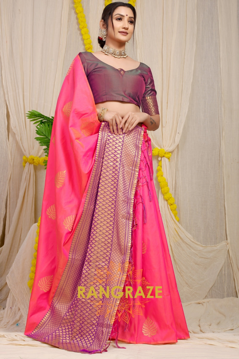 Pink Magenta Banarasi Silk Saree With Pan Design And Silver Zari Border