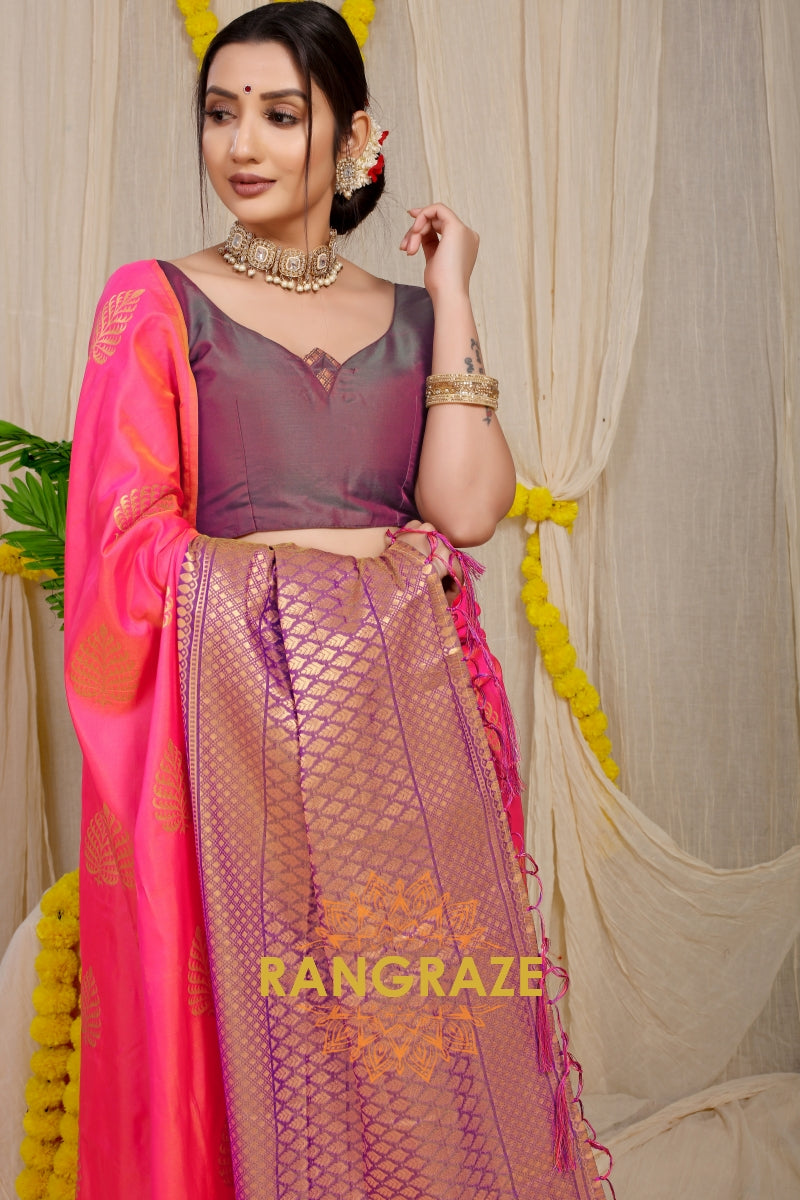 Pink Magenta Banarasi Silk Saree With Pan Design And Silver Zari Border