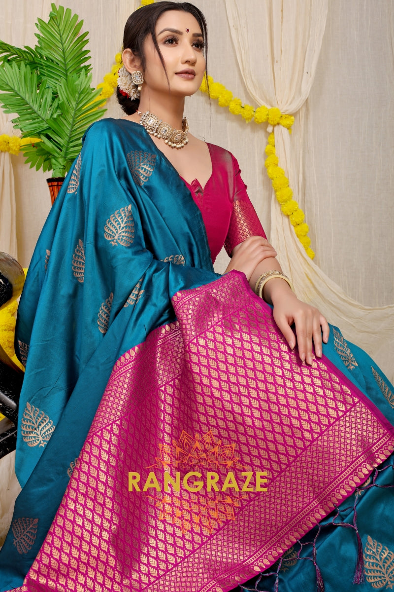 Blue Turquoise Banarasi Silk Saree With Pan Design And Silver Zari Border