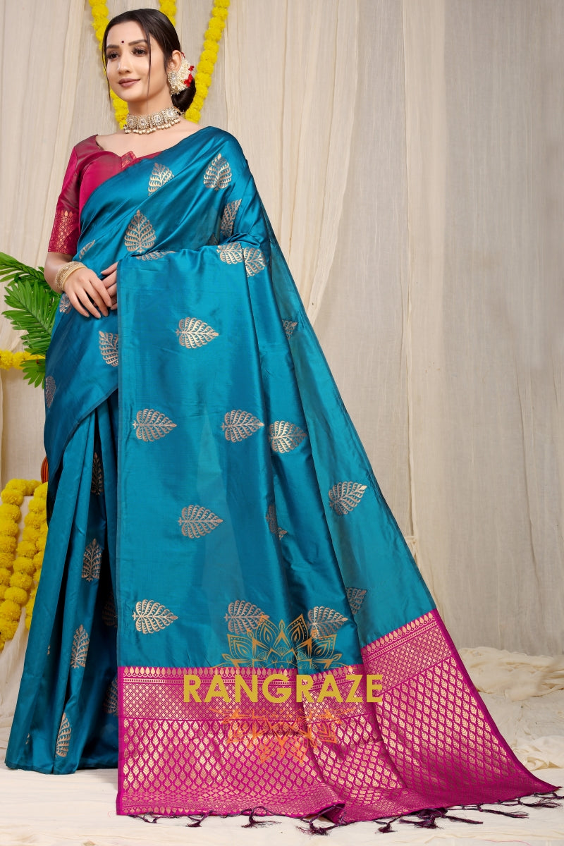 Blue Turquoise Banarasi Silk Saree With Pan Design And Silver Zari Border