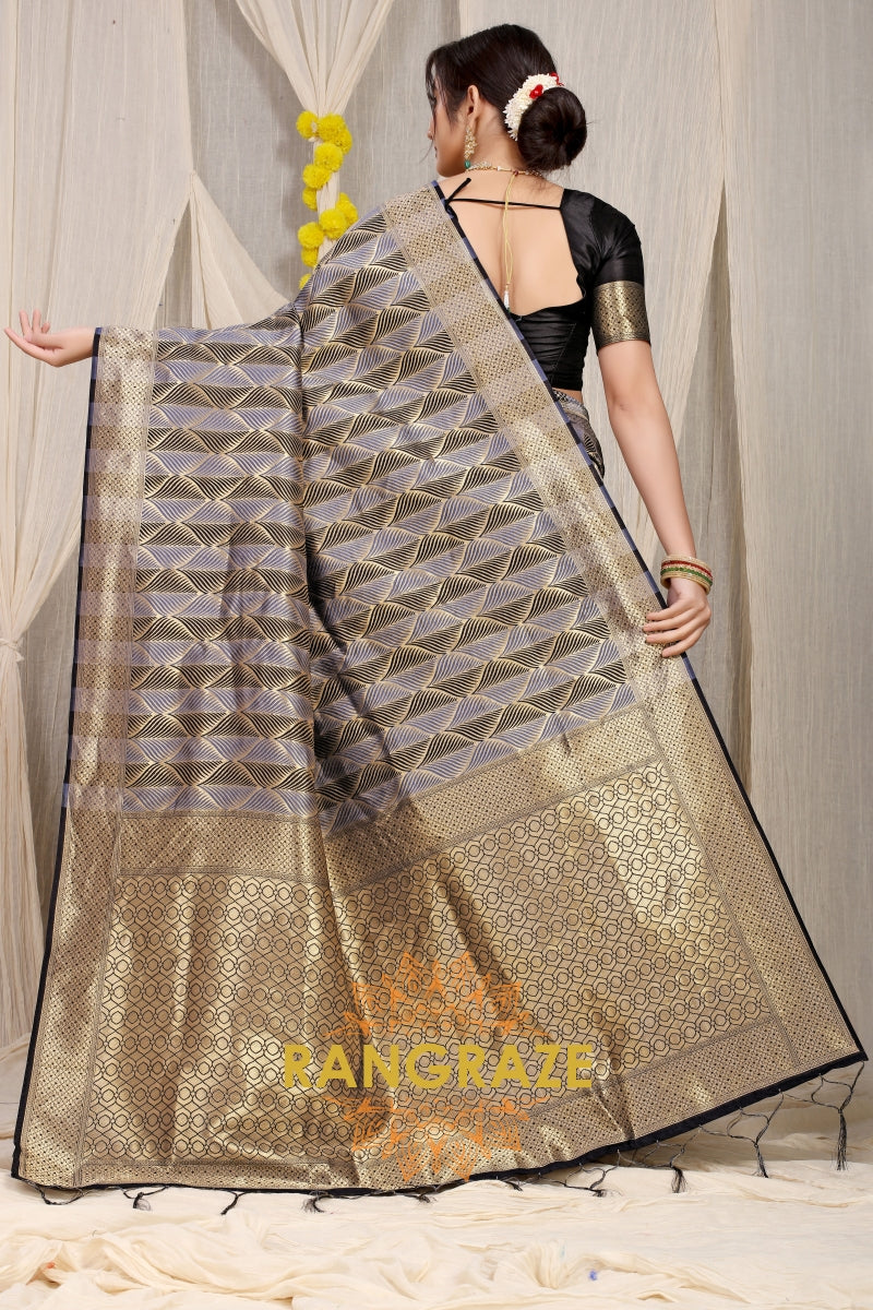 Grey Black Stripe Pattern Banarasi Silk Saree