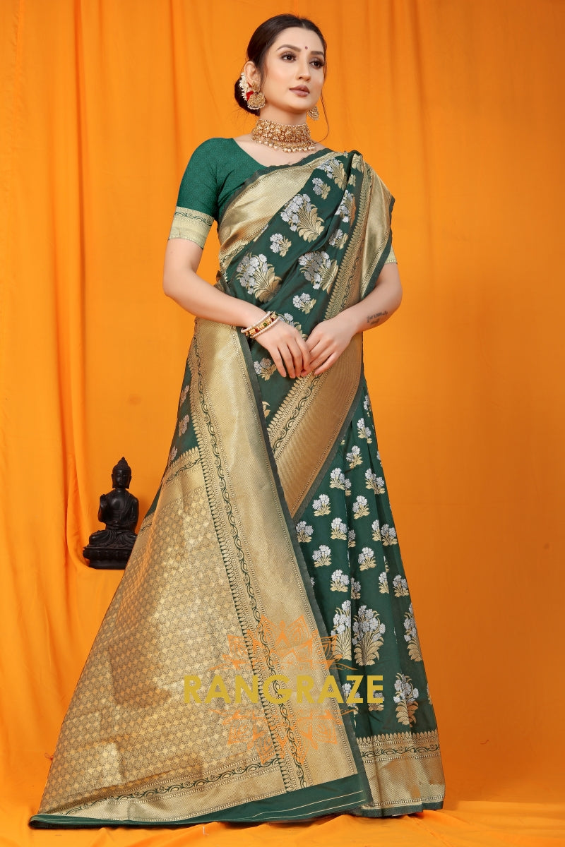 Forest Green Banarasi Silk Saree With Zari Pallu And Border