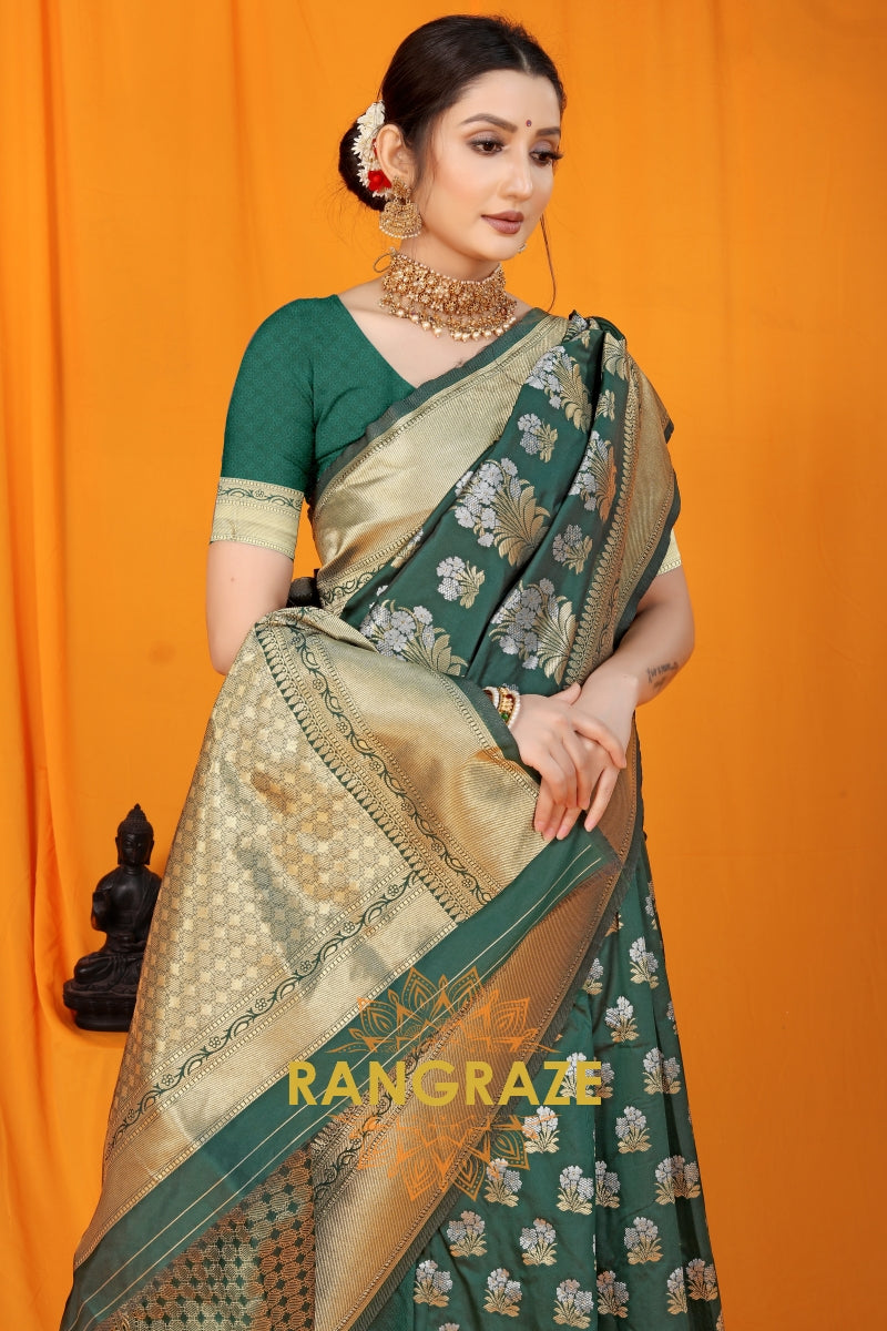 Forest Green Banarasi Silk Saree With Zari Pallu And Border