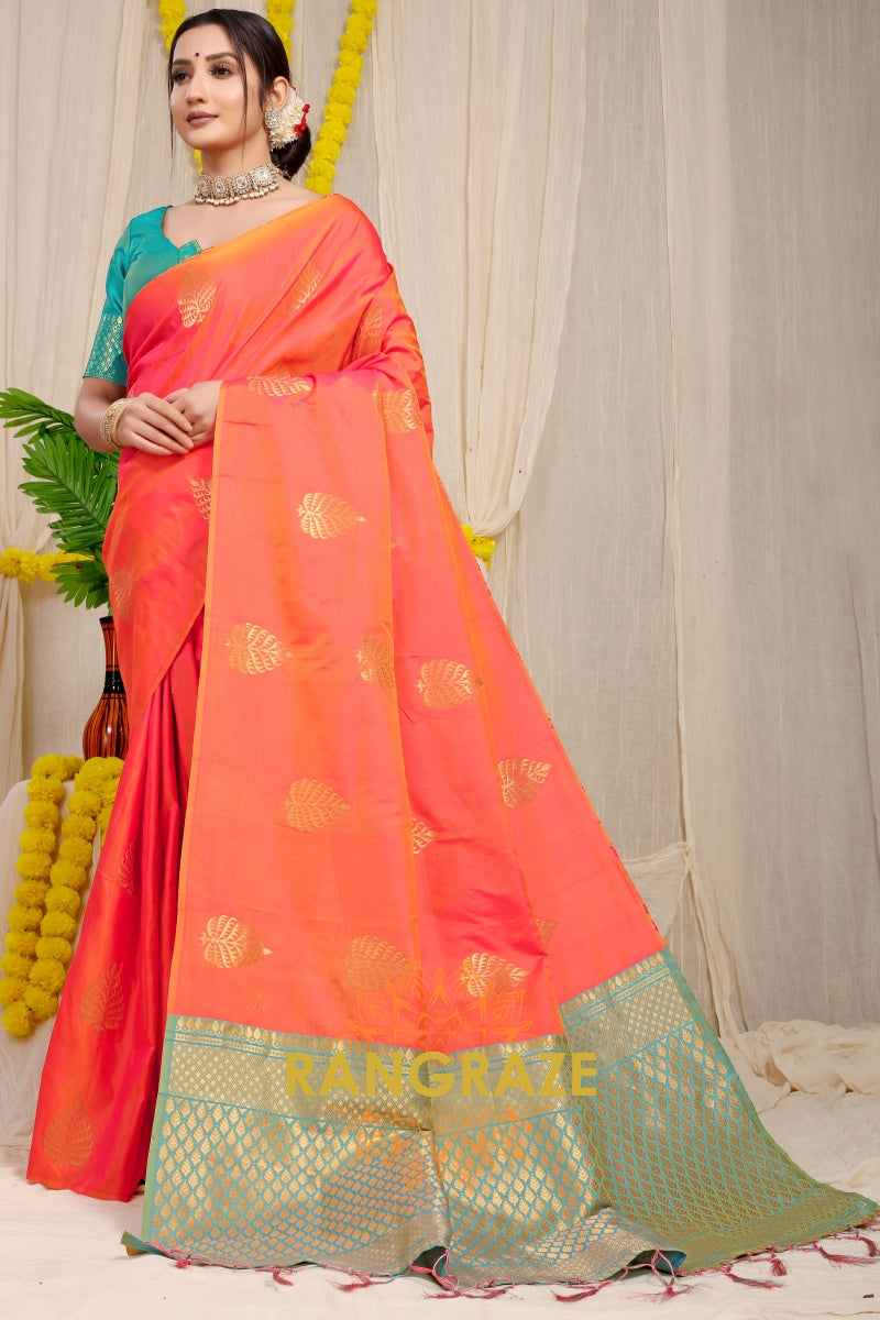 Orange Banarasi Silk Saree With Pan Design And Silver Zari Border