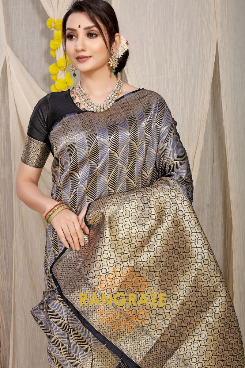 Grey Black Stripe Pattern Banarasi Silk Saree