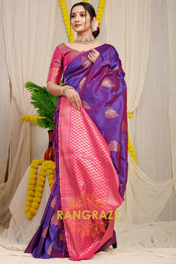 Purple Magenta Banarasi Silk Saree With Pan Design And Silver Zari Border