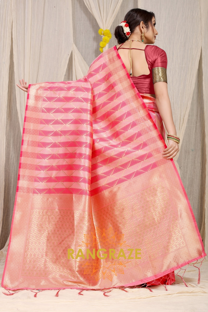 Pink Stripe Pattern Banarasi Silk Saree