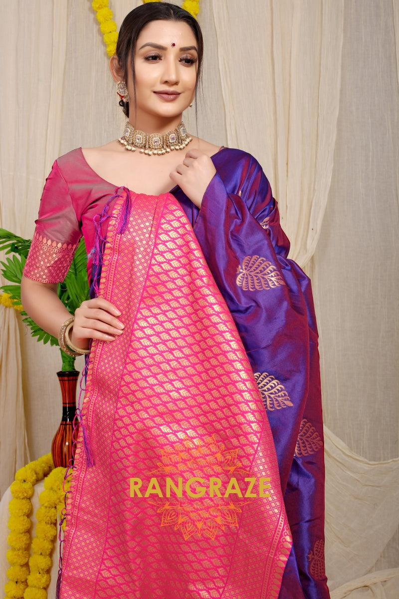 Purple Magenta Banarasi Silk Saree With Pan Design And Silver Zari Border