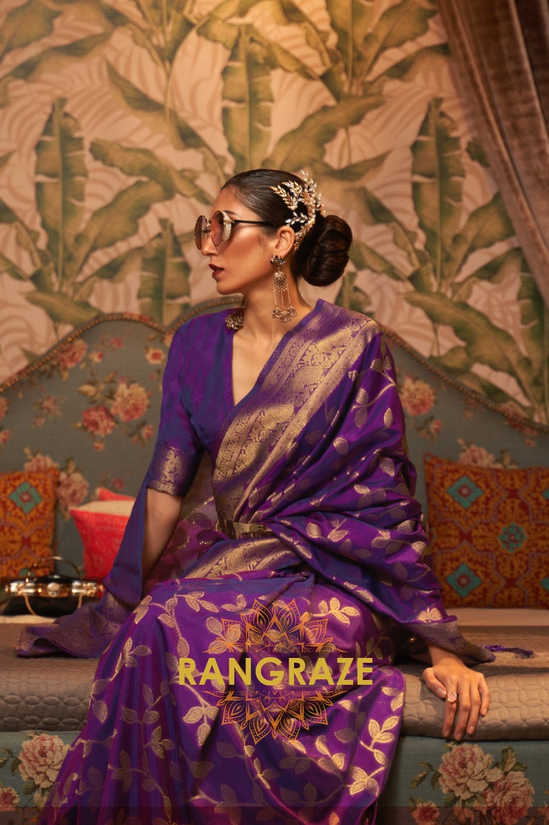 Deep Purple Woven Banarasi Brocade Silk Saree