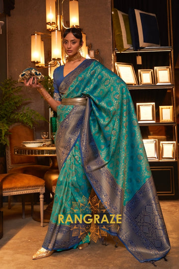 Teal Green Woven Banarasi Soft Silk Saree