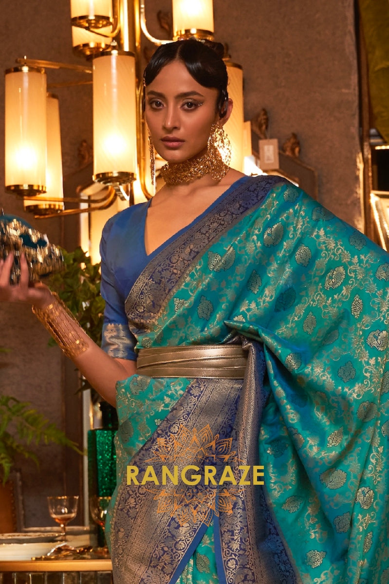 Teal Green Woven Banarasi Soft Silk Saree