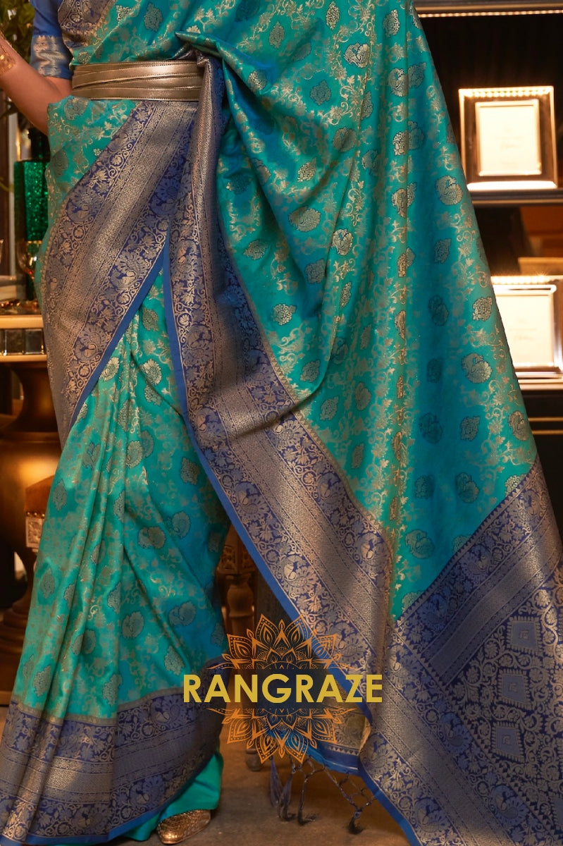 Teal Green Woven Banarasi Soft Silk Saree