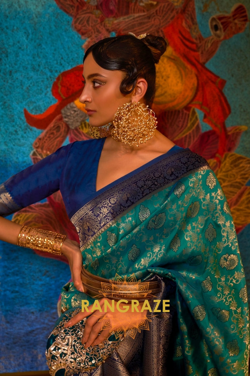 Teal Green Woven Banarasi Soft Silk Saree