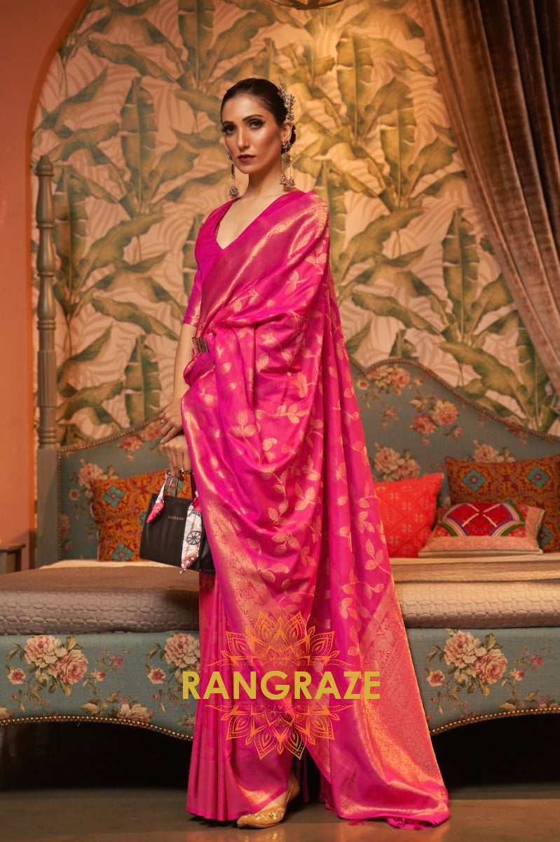 Rani Pink Woven Banarasi Brocade Silk Saree