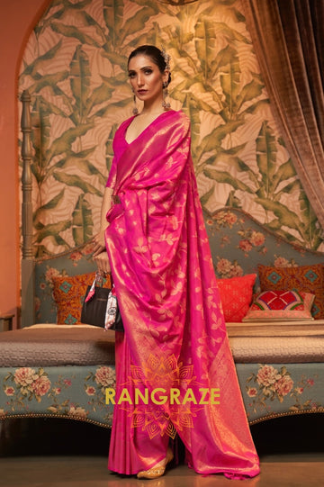 Rani Pink Woven Banarasi Brocade Silk Saree