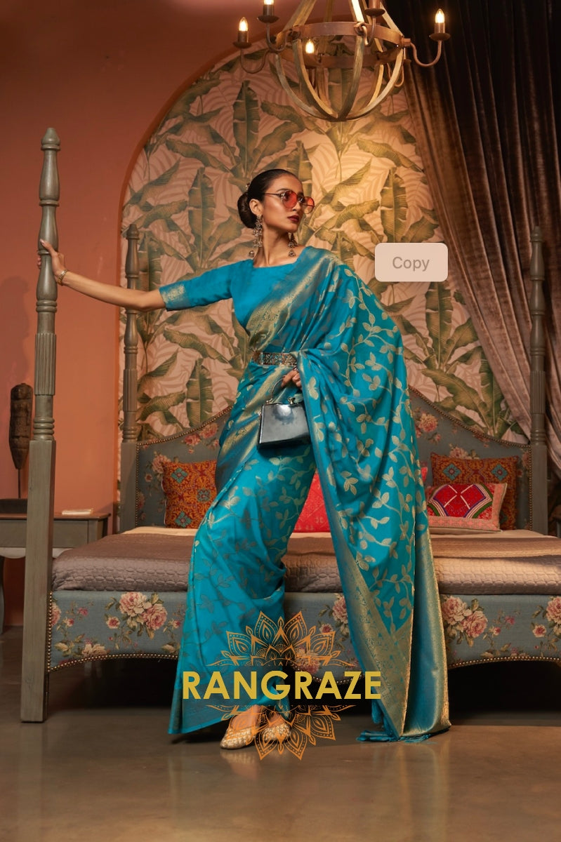 Turquoise Blue Woven Banarasi Brocade Silk Saree