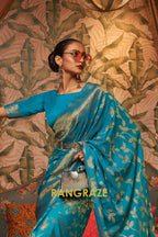 Turquoise Blue Woven Banarasi Brocade Silk Saree