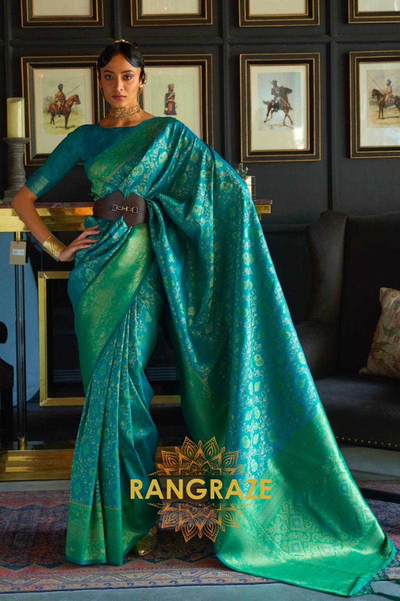 Sea Green Woven Banarasi Soft Silk Saree