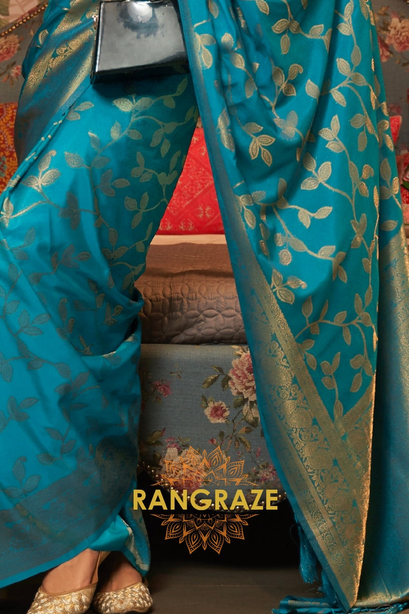 Turquoise Blue Woven Banarasi Brocade Silk Saree