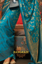 Turquoise Blue Woven Banarasi Brocade Silk Saree