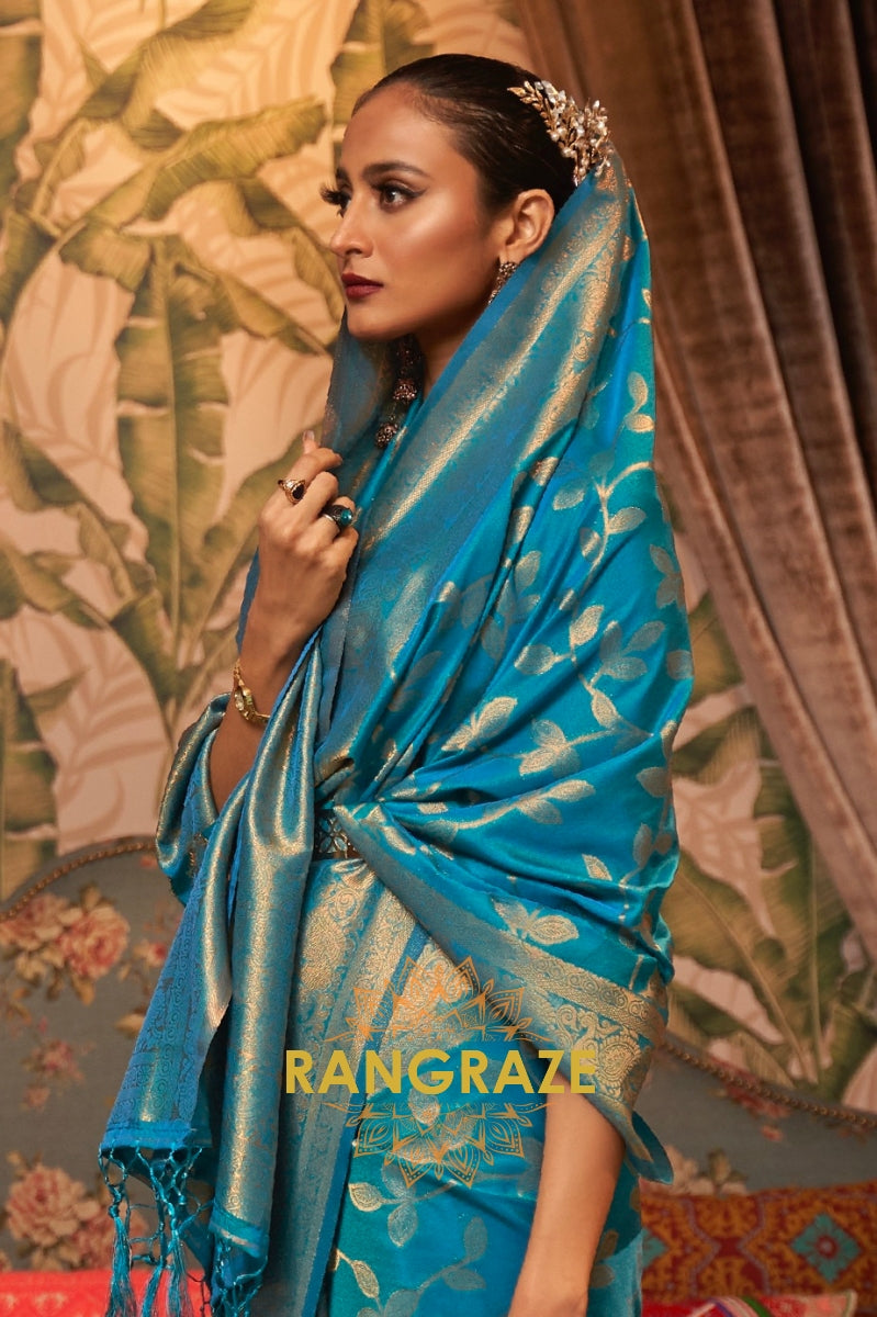Turquoise Blue Woven Banarasi Brocade Silk Saree