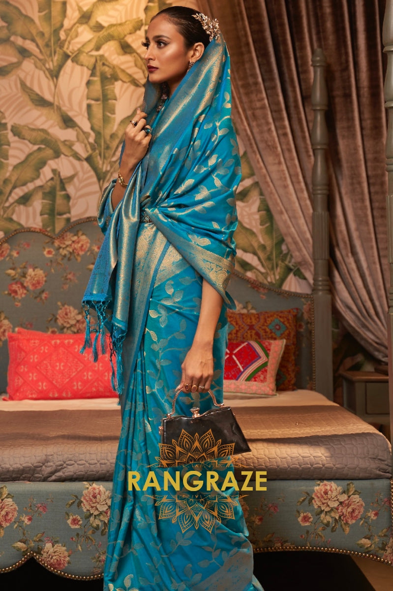 Turquoise Blue Woven Banarasi Brocade Silk Saree