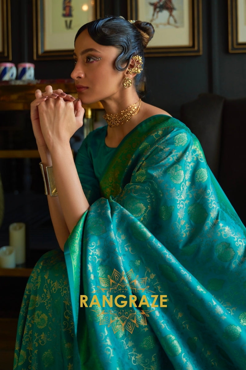 Sea Green Woven Banarasi Soft Silk Saree