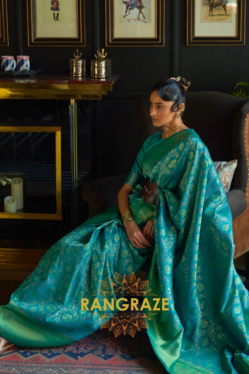 Sea Green Woven Banarasi Soft Silk Saree