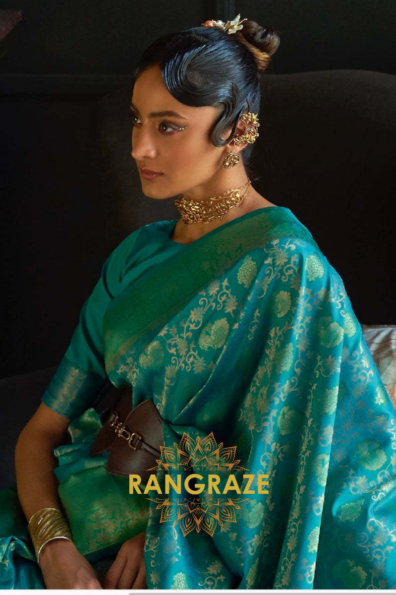 Sea Green Woven Banarasi Soft Silk Saree