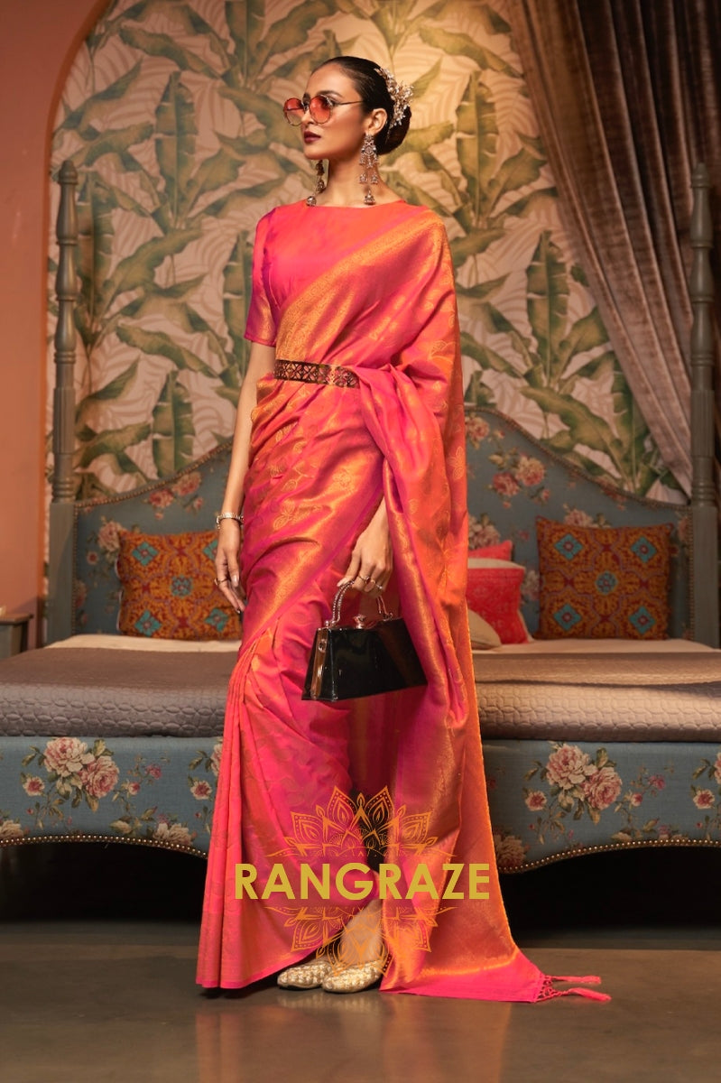 Carrot Red Woven Banarasi Brocade Silk Saree