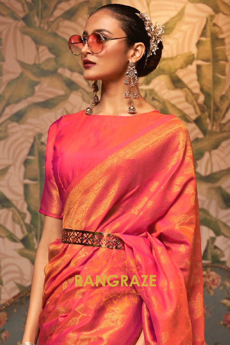 Carrot Red Woven Banarasi Brocade Silk Saree