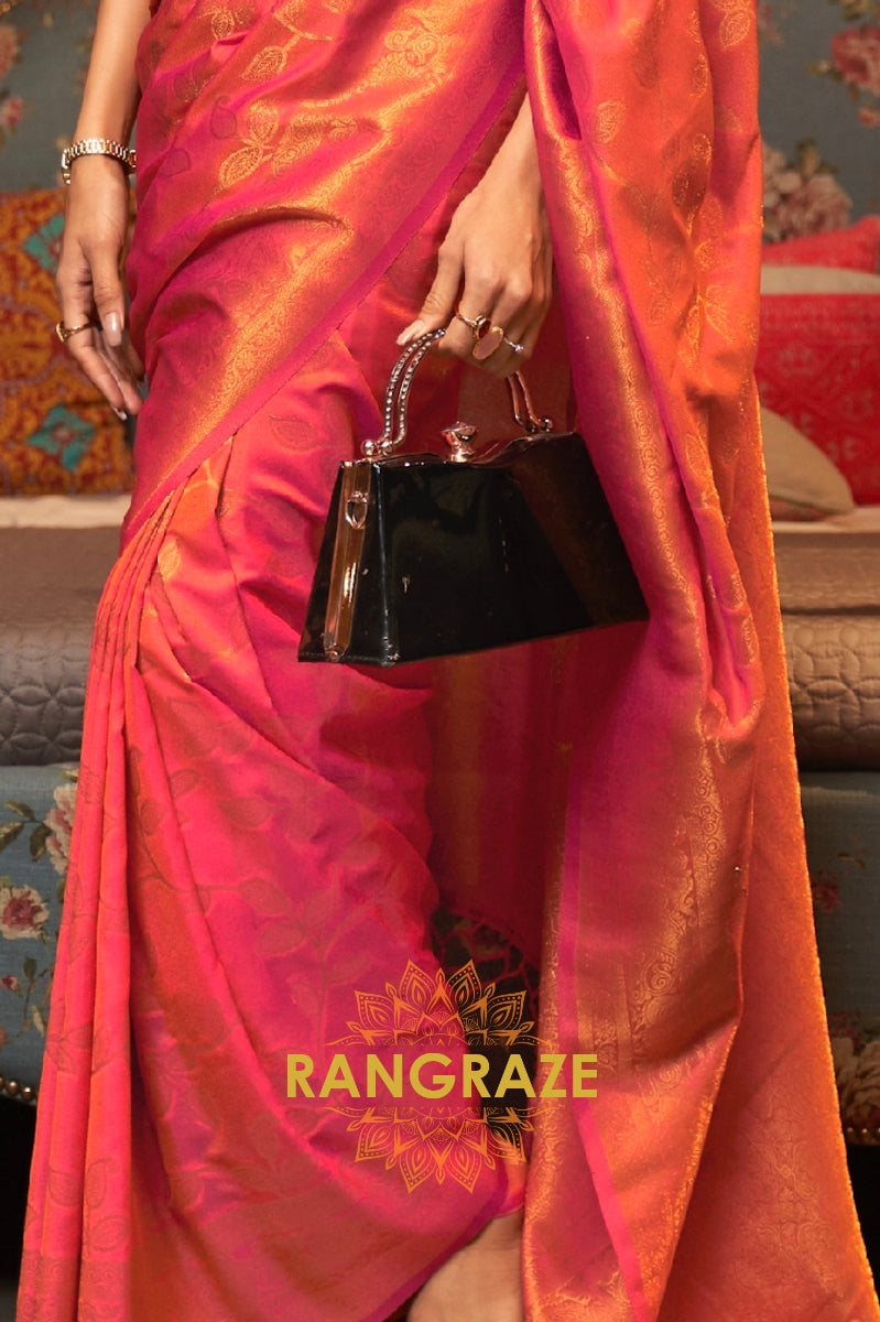 Carrot Red Woven Banarasi Brocade Silk Saree