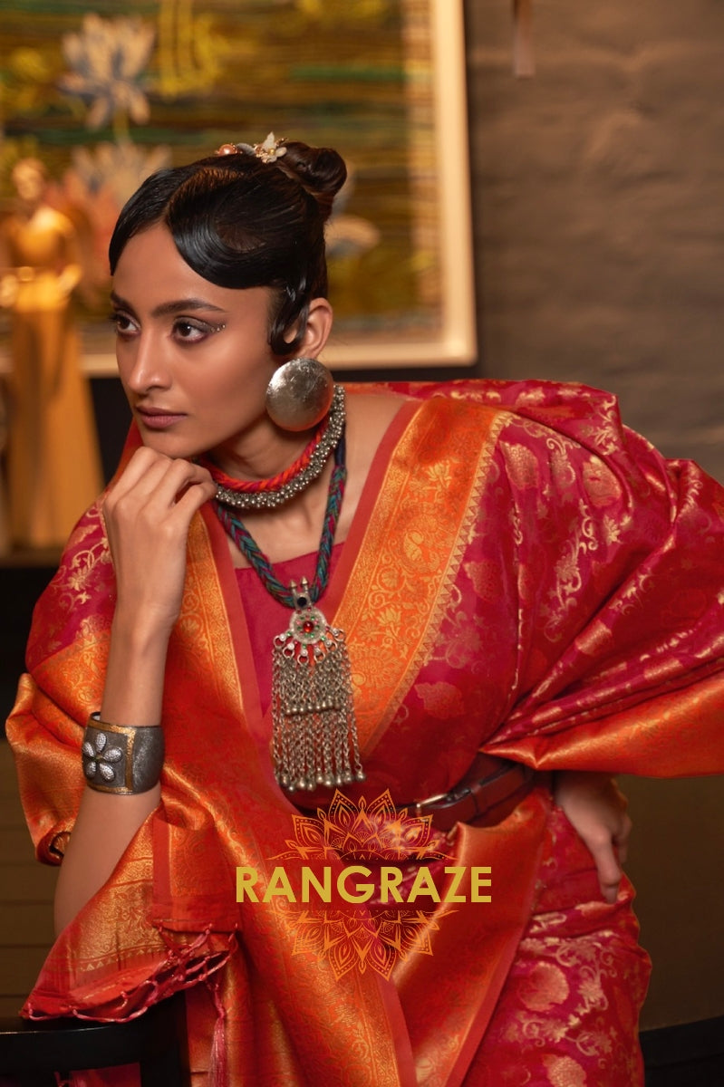 Tomato Red Woven Banarasi Soft Silk Saree