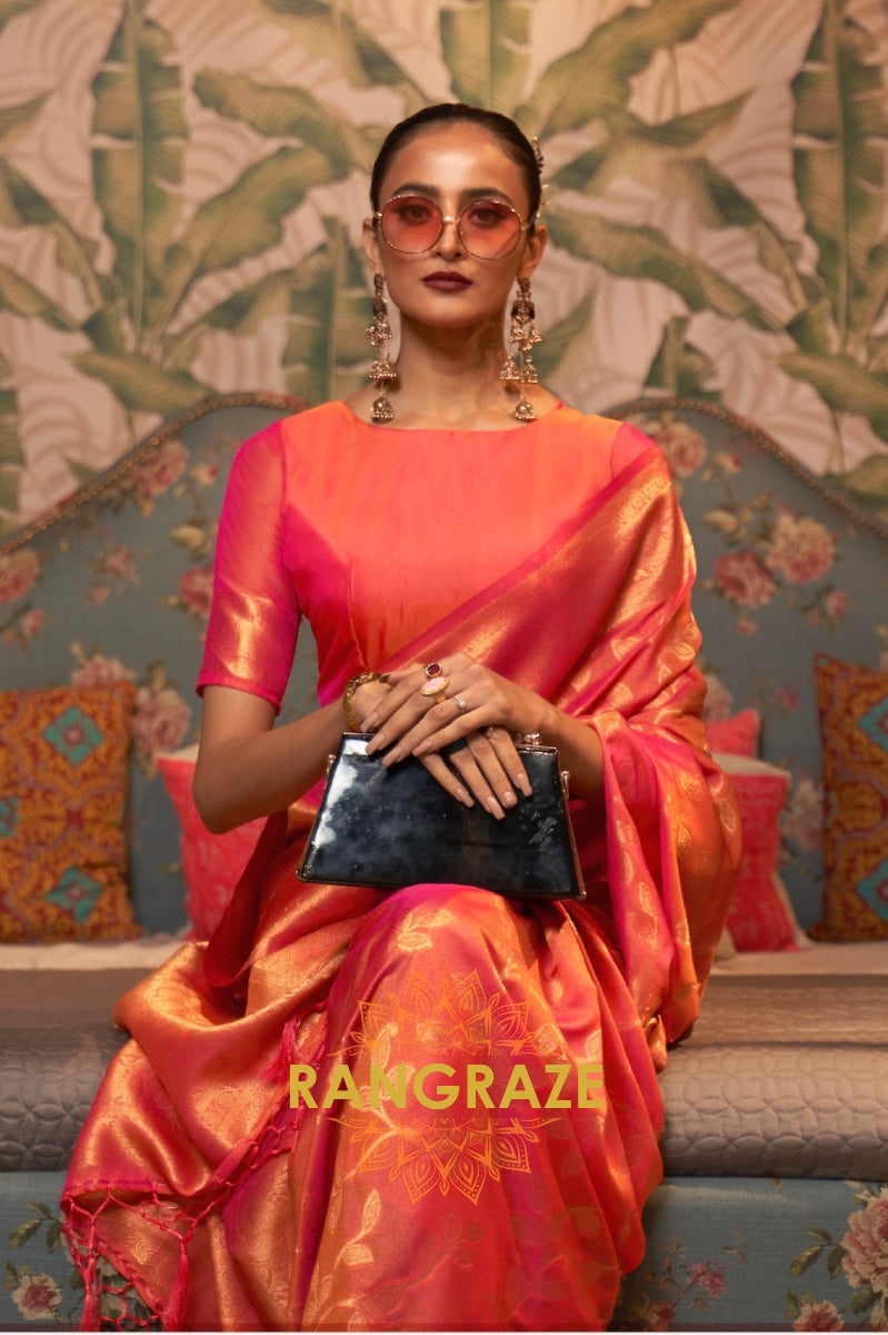 Carrot Red Woven Banarasi Brocade Silk Saree