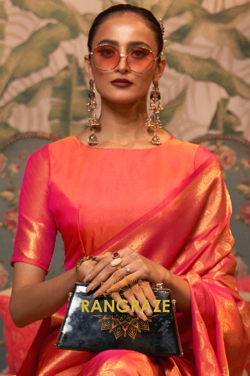 Carrot Red Woven Banarasi Brocade Silk Saree