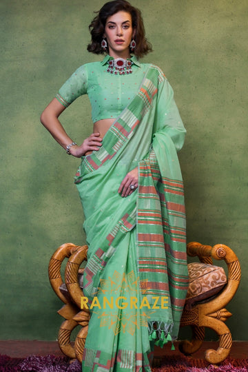 Meadow Green Woven Cotton Silk Saree