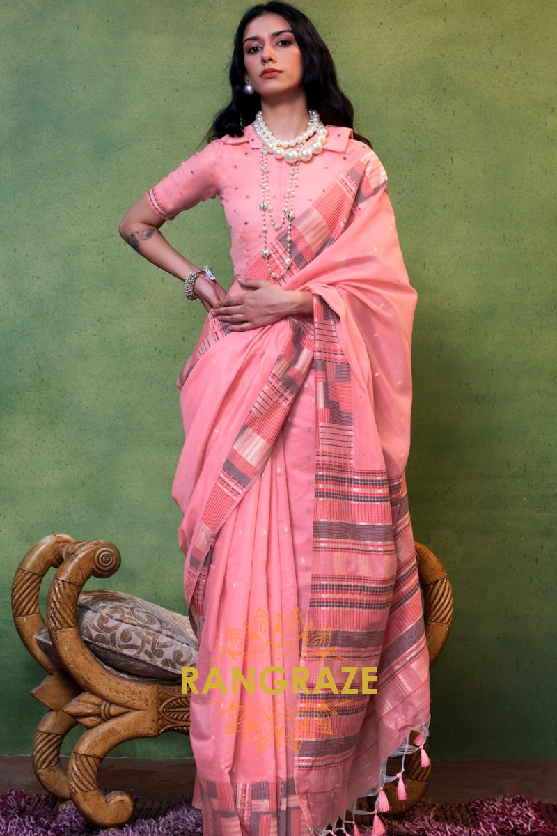 Blush Pink Woven Cotton Silk Saree