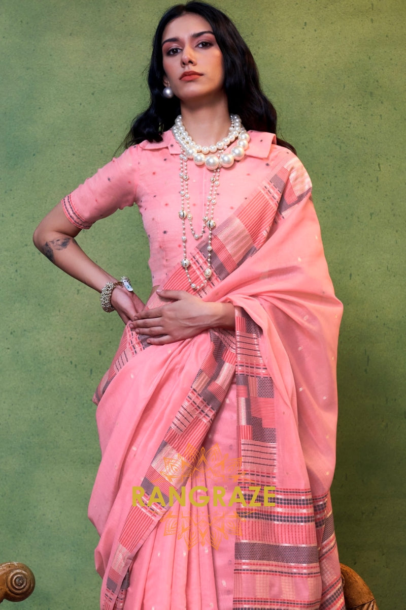 Blush Pink Woven Cotton Silk Saree