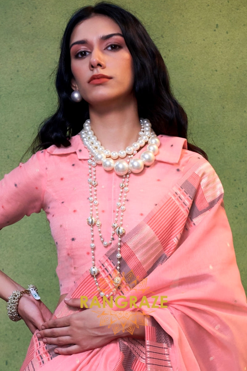 Blush Pink Woven Cotton Silk Saree
