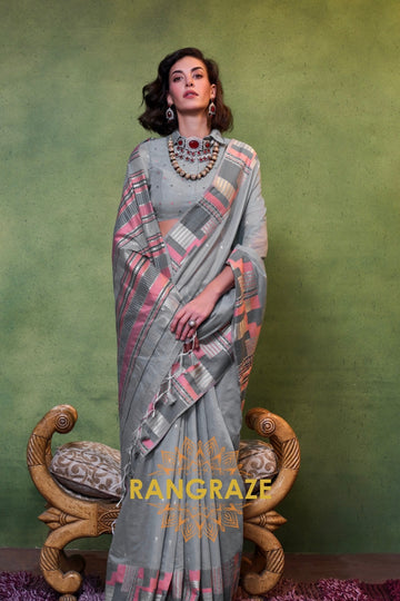 Slate Grey Woven Cotton Silk Saree