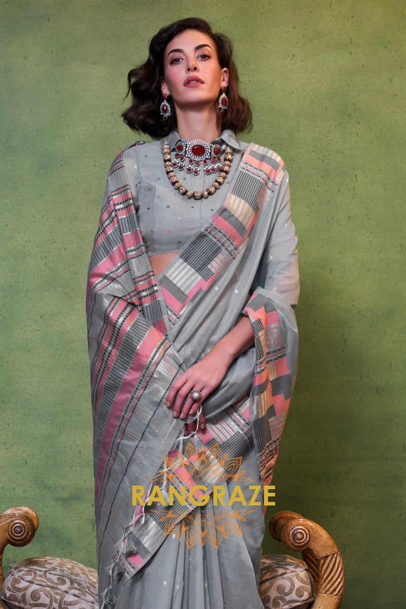 Slate Grey Woven Cotton Silk Saree
