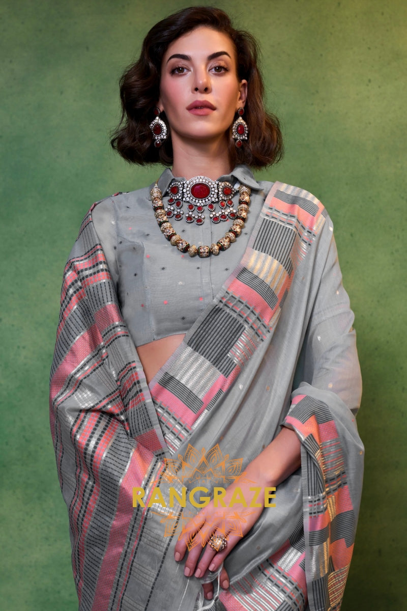 Slate Grey Woven Cotton Silk Saree