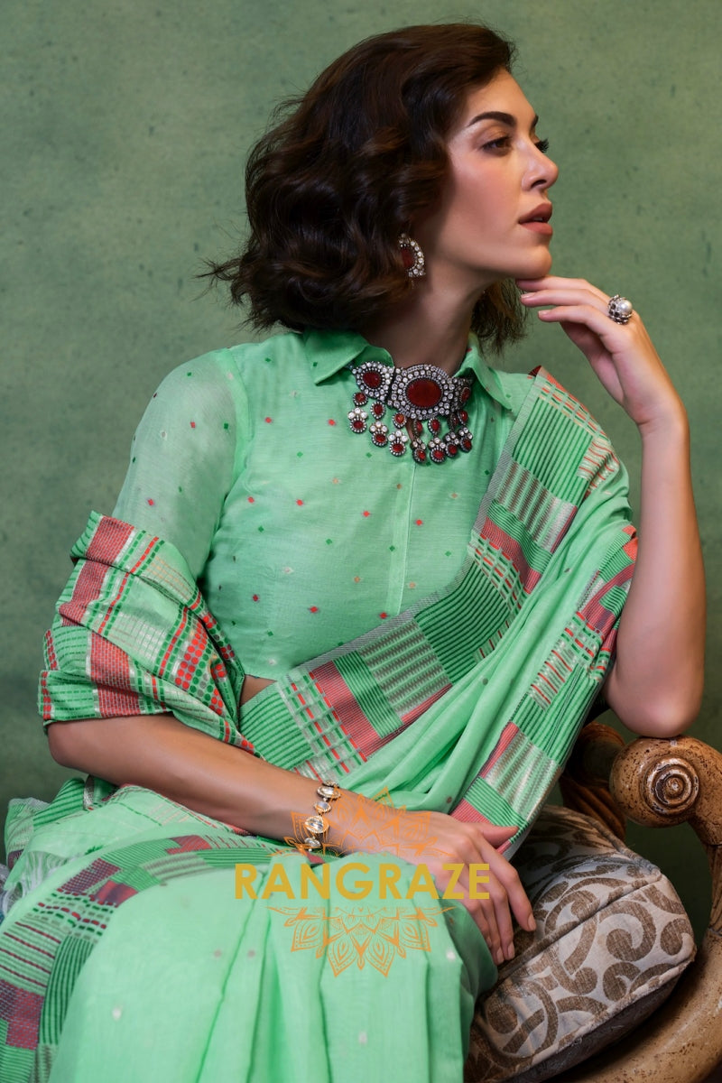 Meadow Green Woven Cotton Silk Saree