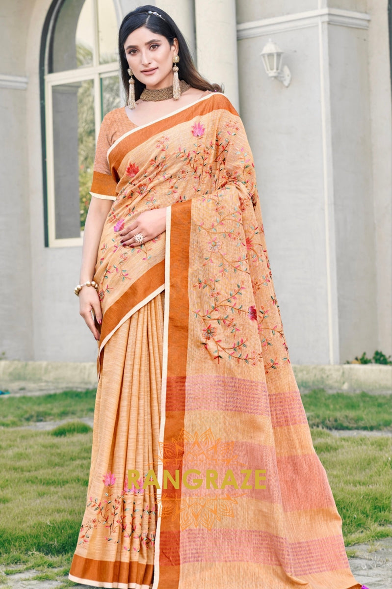 Orange Zari Work Pure Linen Saree