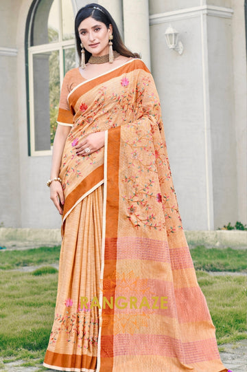 Orange Zari Work Pure Linen Saree