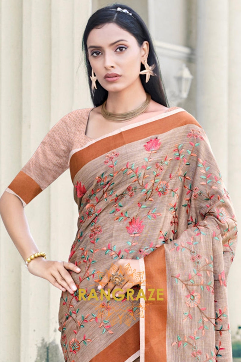 Metal Brown Zari Work Pure Linen Saree