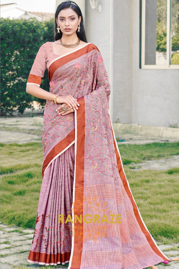 Rose Pink Zari Work Pure Linen Saree