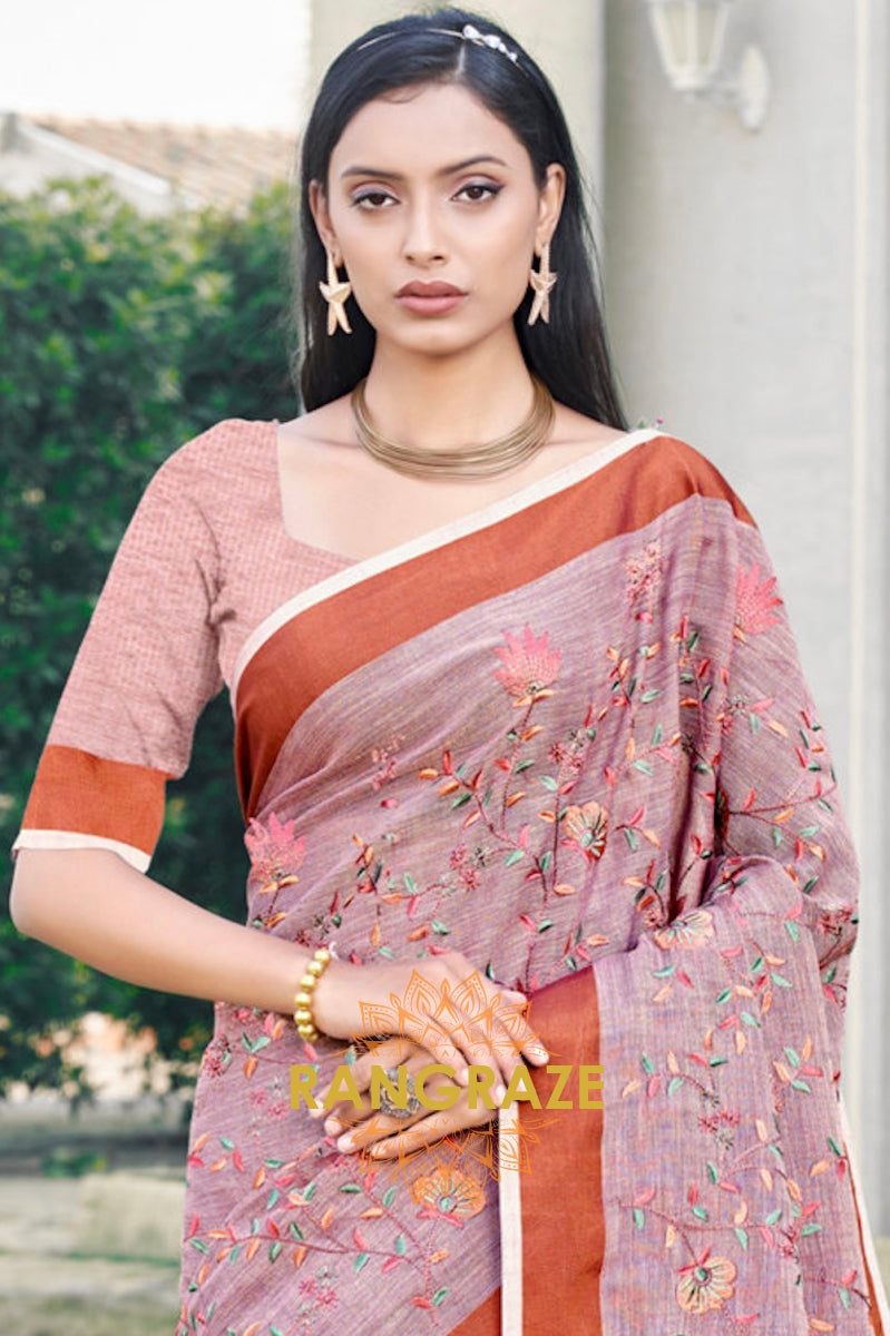 Rose Pink Zari Work Pure Linen Saree